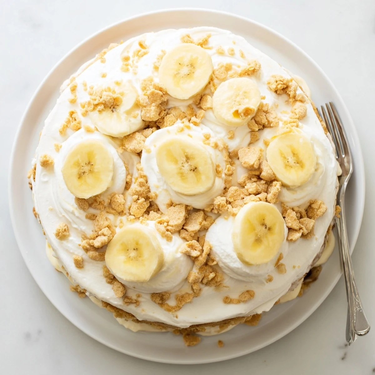 Luscious layered banana pudding cake showing cross section of pudding soaked cake with banana garnish and cookie crumble topping