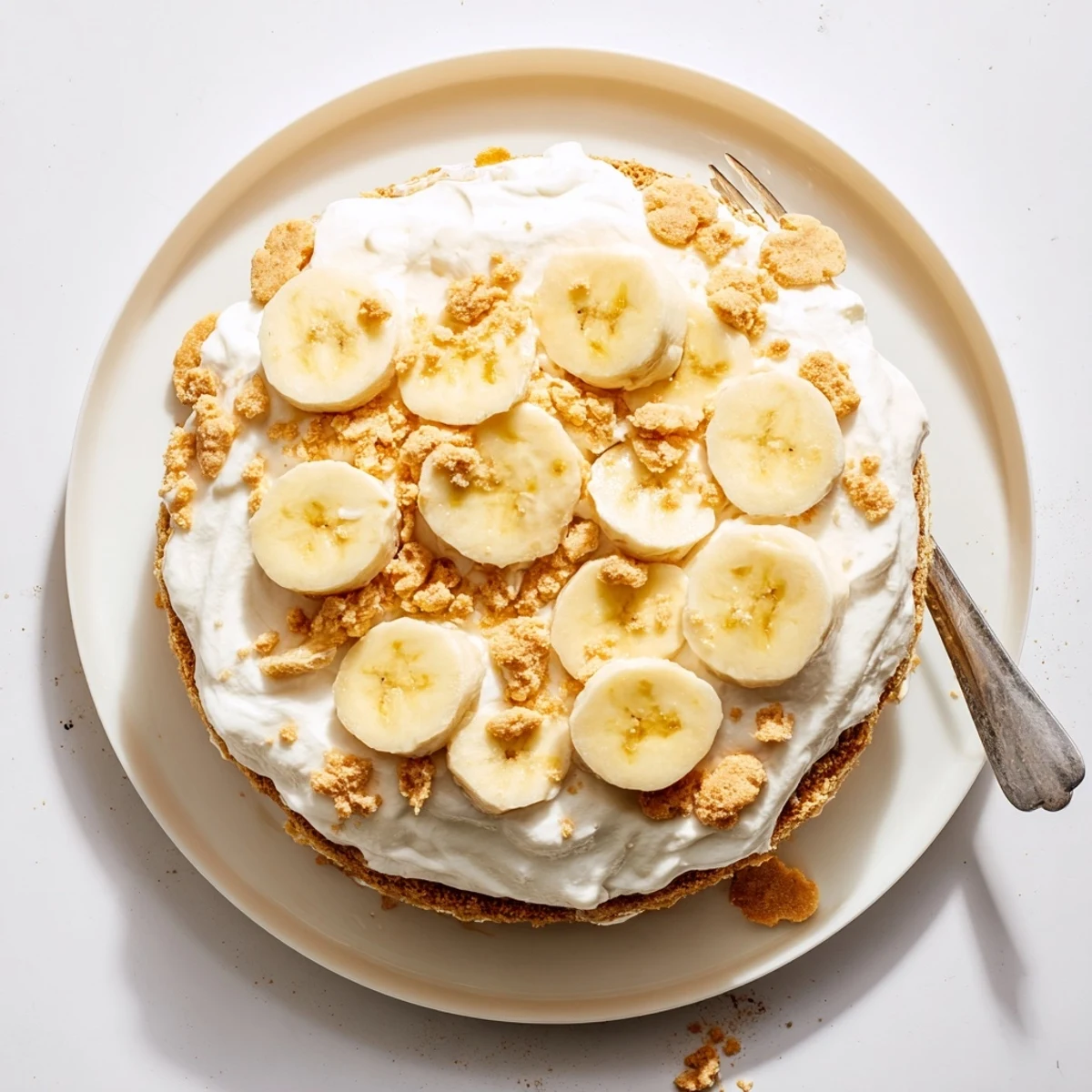 Southern banana pudding cake dessert with whipped cream clouds vanilla wafer crumbs and banana rounds on a white serving plate