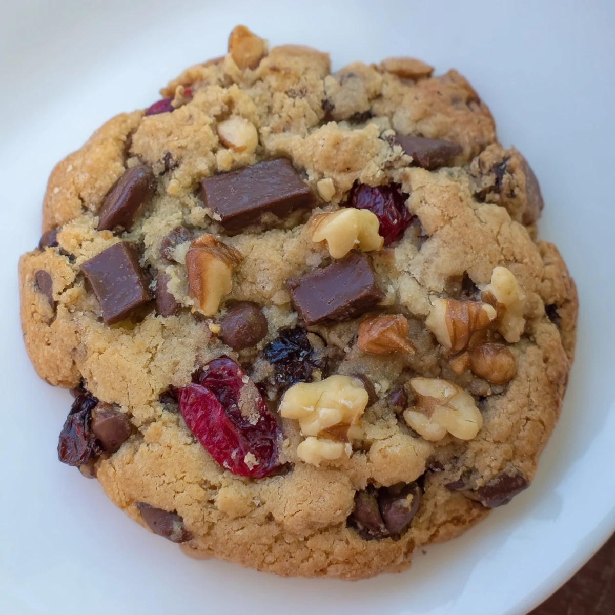 Freshly baked maraschino cherry chocolate chip cookies on wooden board featuring red cherries and melted chips