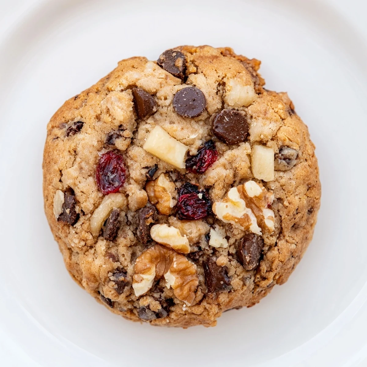 Soft chewy maraschino cherry chocolate chip cookies stacked on white plate with festive red cherry chunks