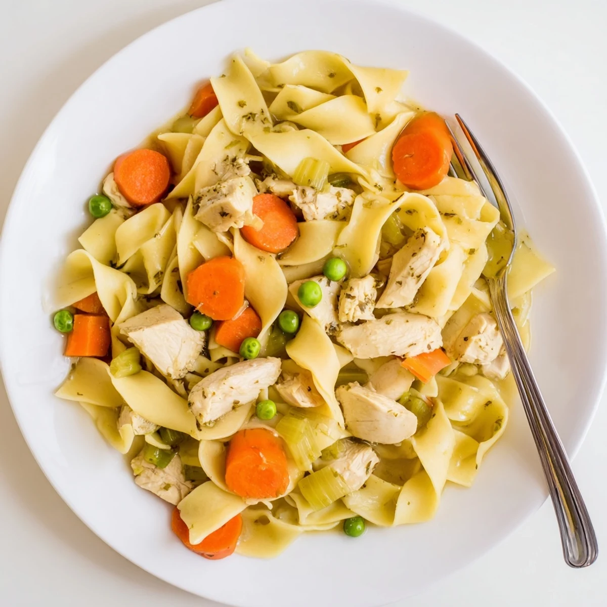 Golden brown chicken pieces and wide egg noodles simmering in a savory single pot