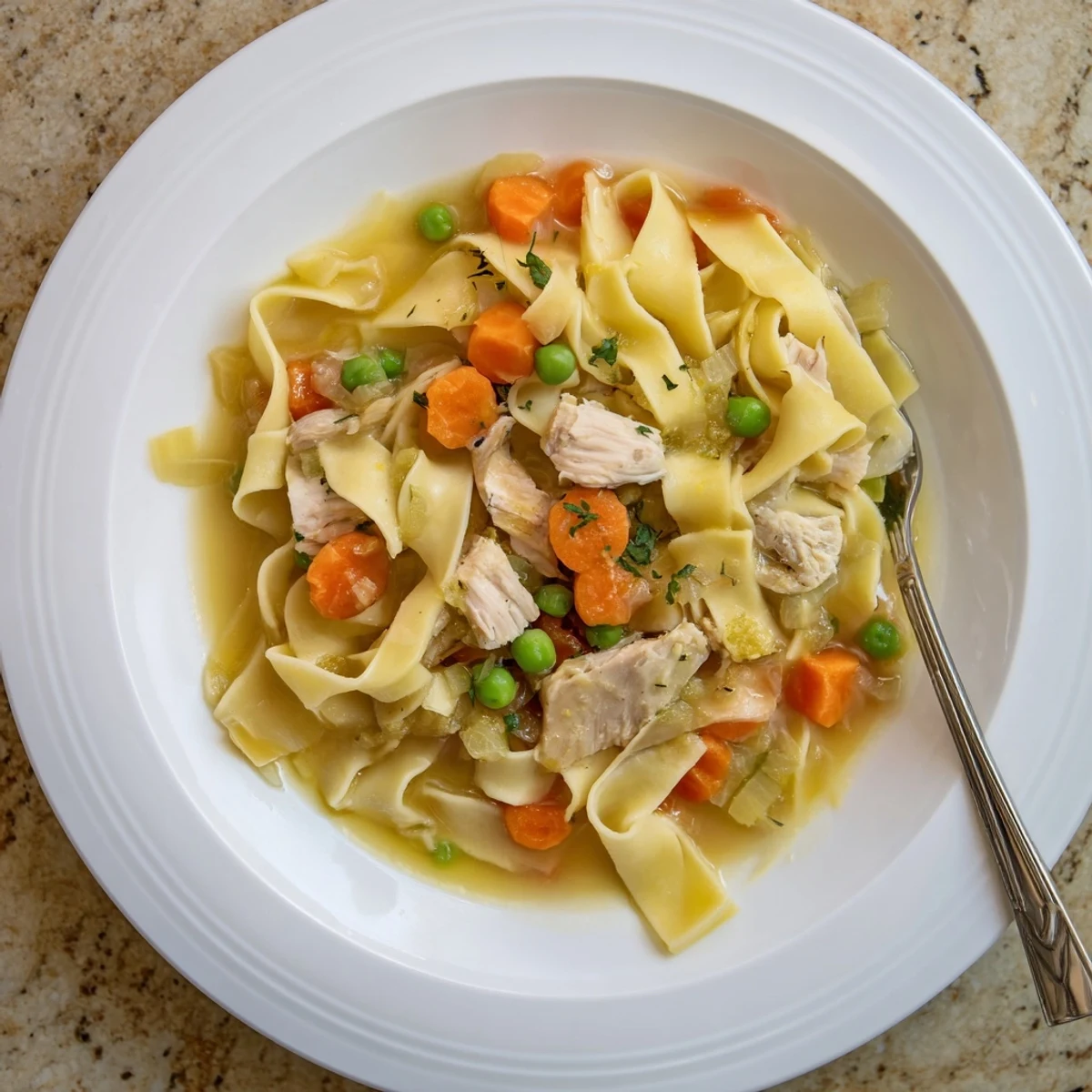 Creamy one pot chicken and noodles with tender vegetables in a rich broth