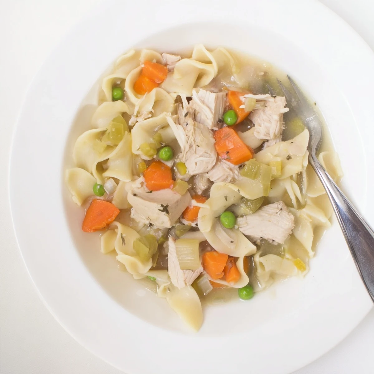 Hearty one pot chicken and noodles served steaming hot with colorful carrots and peas