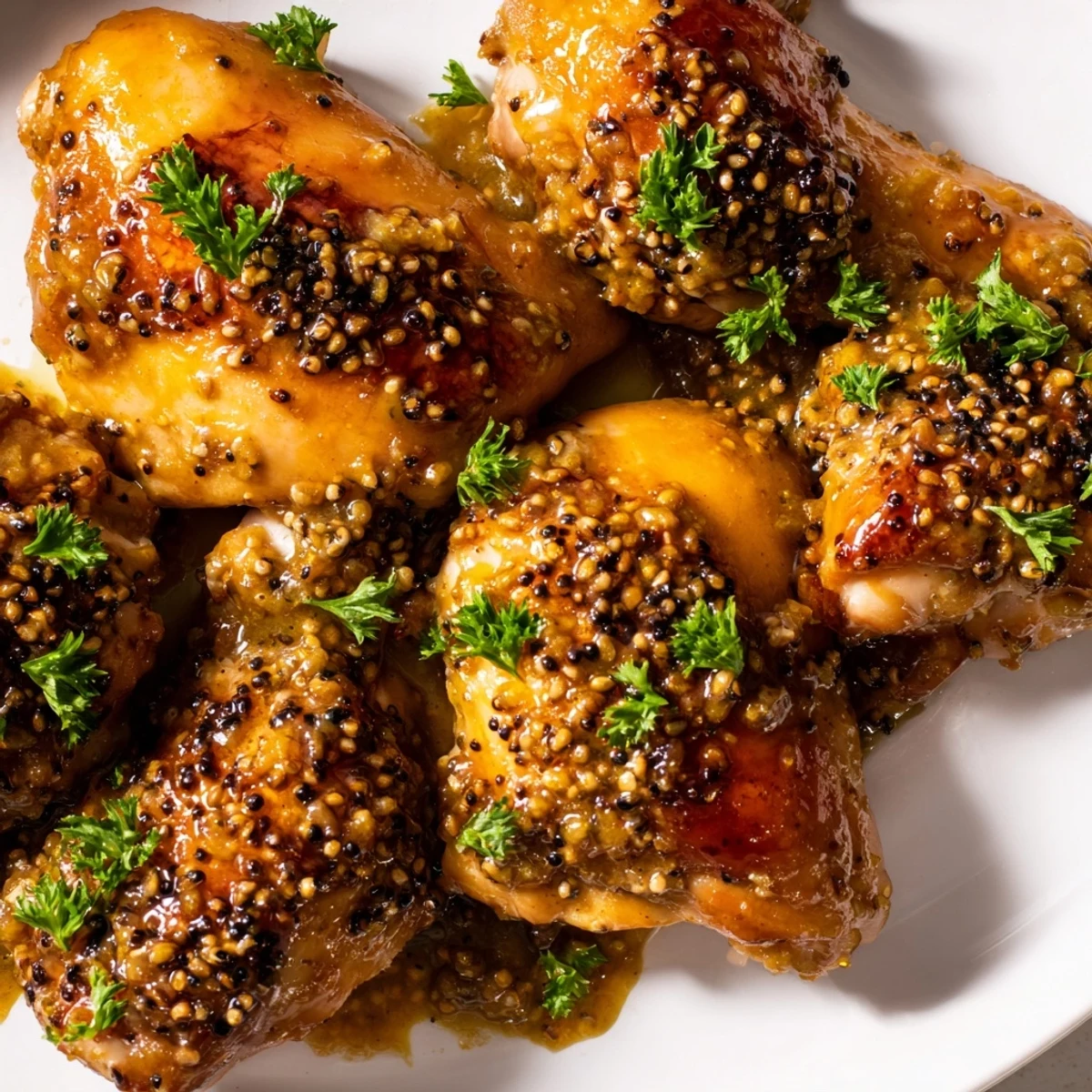 Golden oven baked honey mustard chicken breasts glazed with sweet tangy sauce and garnished with fresh parsley