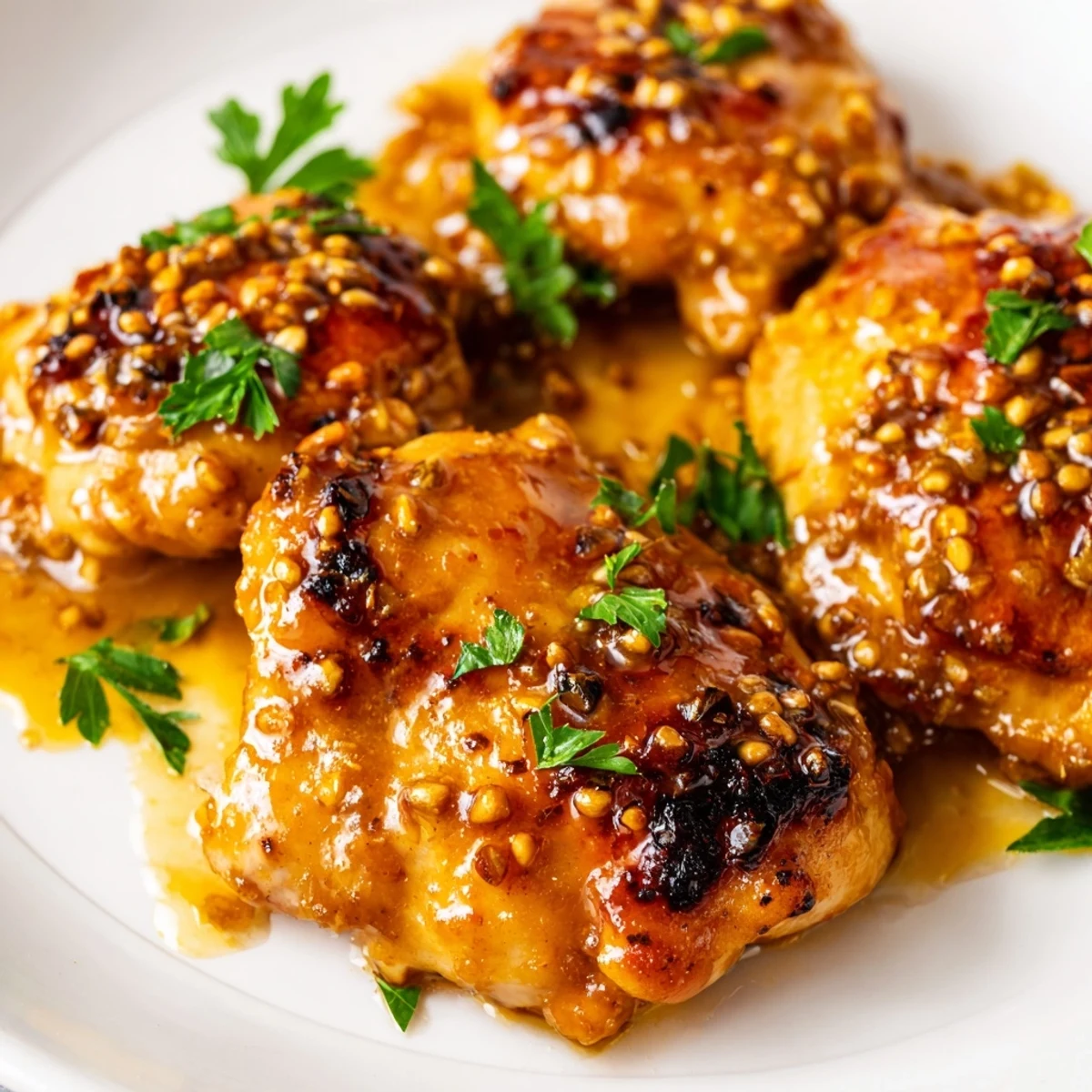 Juicy baked honey mustard chicken pieces resting on a white plate with caramelized honey mustard coating