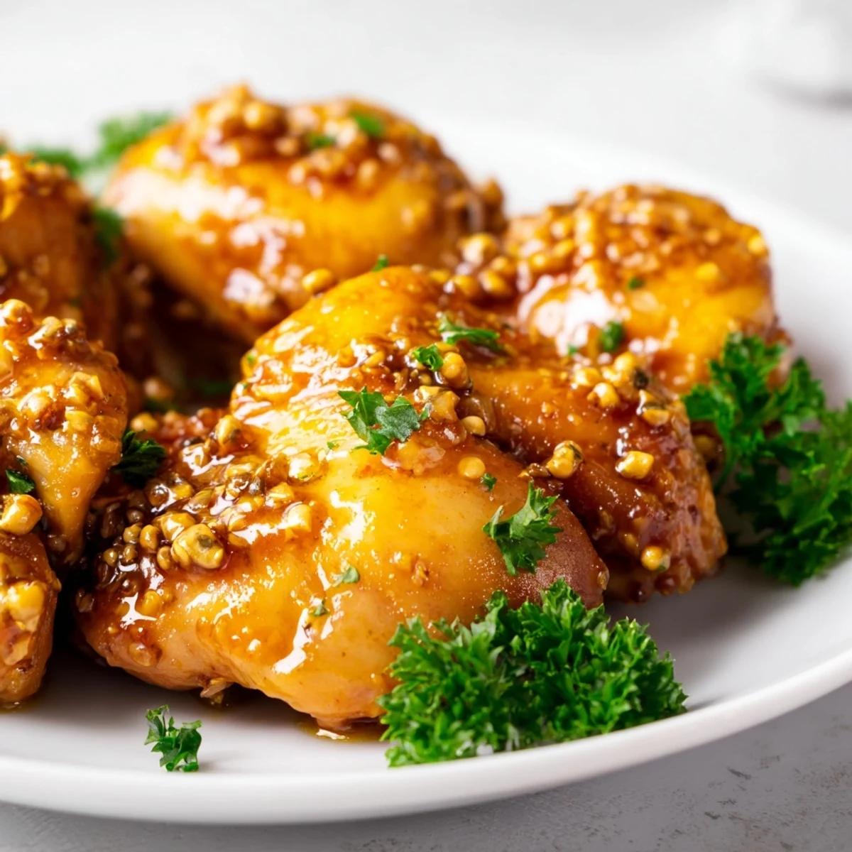 Golden brown chicken breasts brushed with honey mustard sauce fresh from the oven and ready to serve