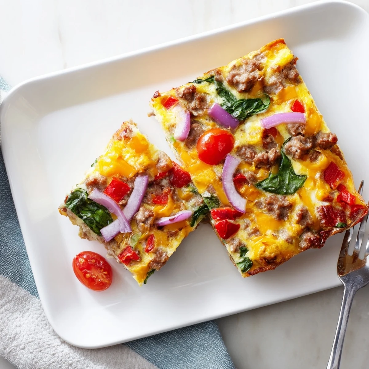 Golden high protein egg casserole with melted cheddar and colorful vegetables ready for breakfast baking