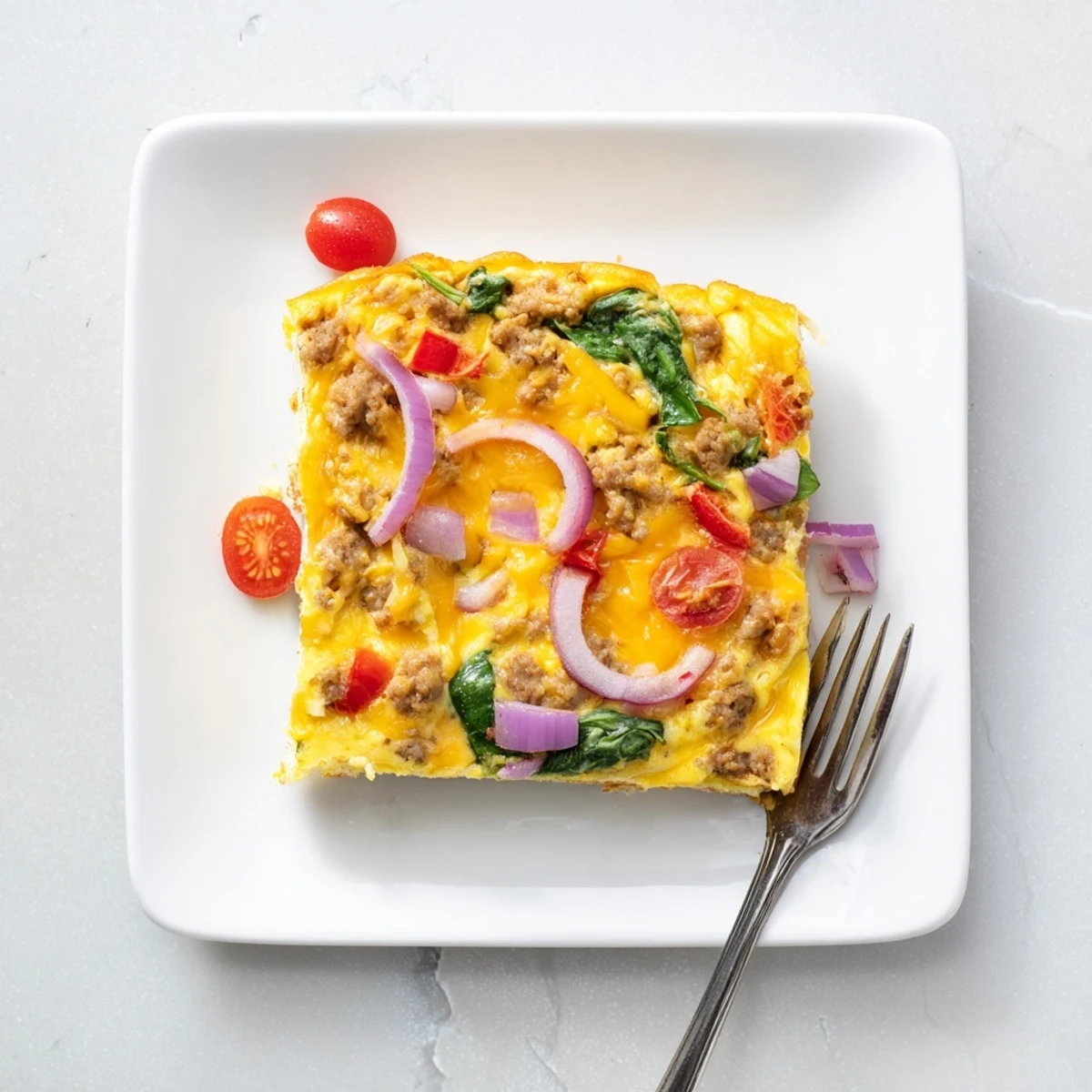 Sliced high protein egg casserole featuring fluffy eggs turkey sausage spinach and bell pepper in a baking dish