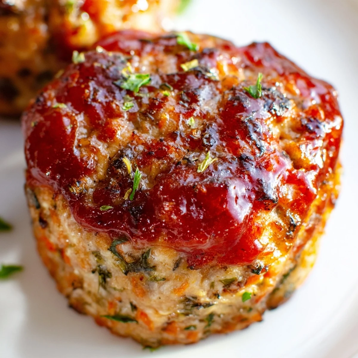 Golden glazed turkey meatloaf muffins fresh from the oven with caramelized ketchup topping