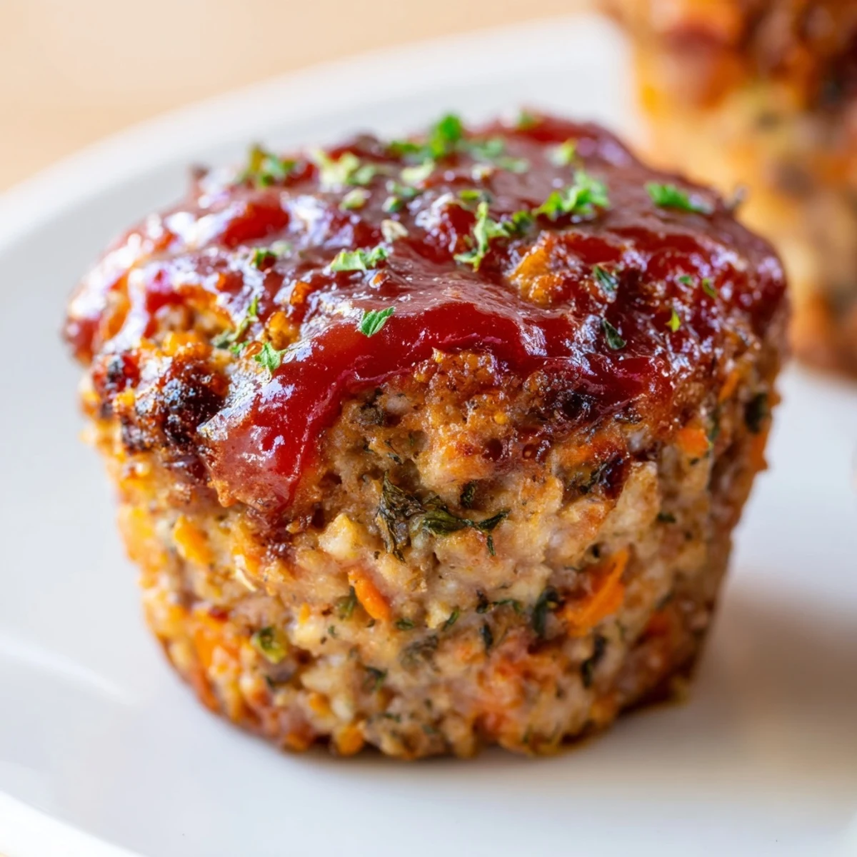 Six meatloaf muffins made with lean ground turkey, brushed with sweet tangy glaze and baked until browned
