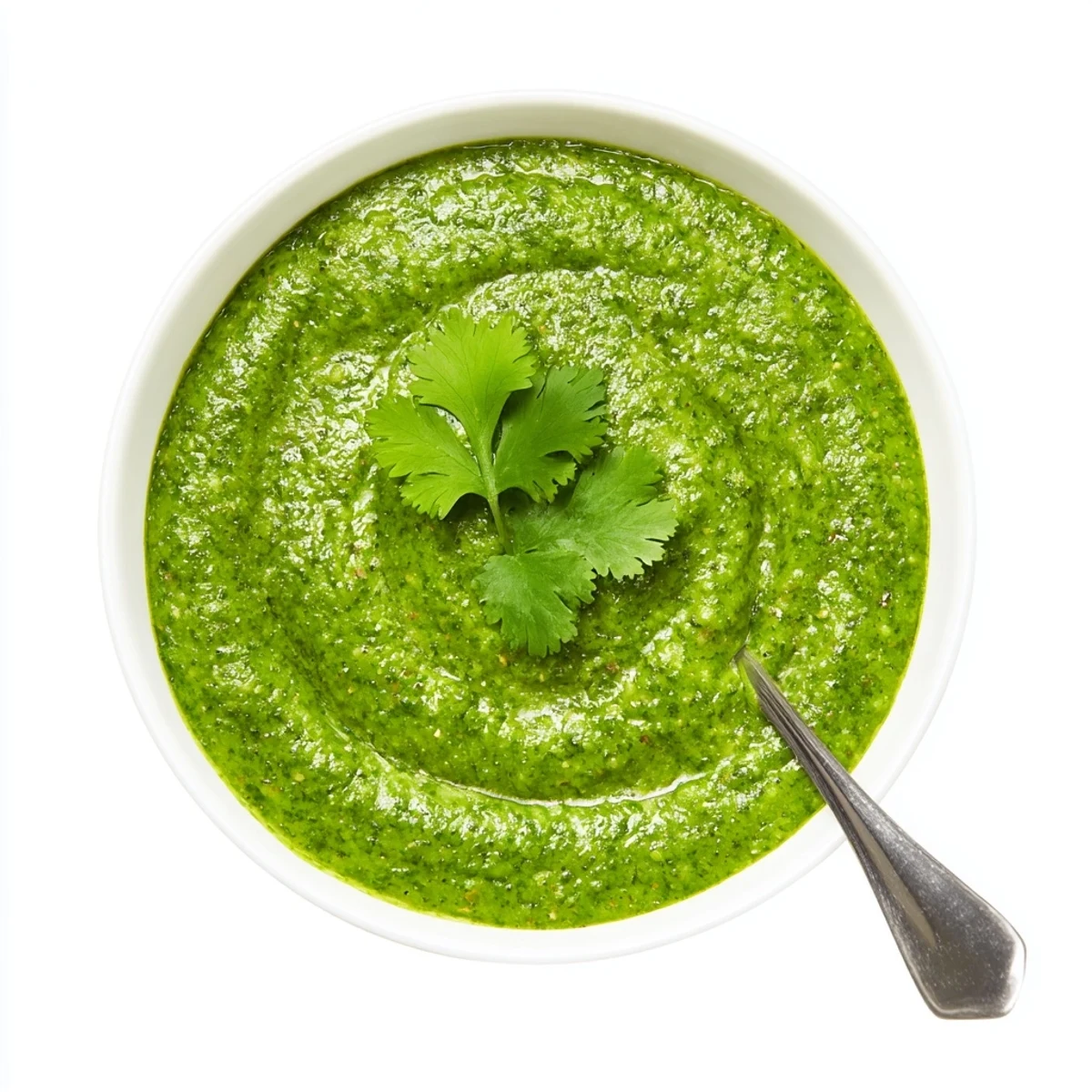 Creamy Peruvian green sauce aji verde drizzled over grilled chicken in a rustic white bowl