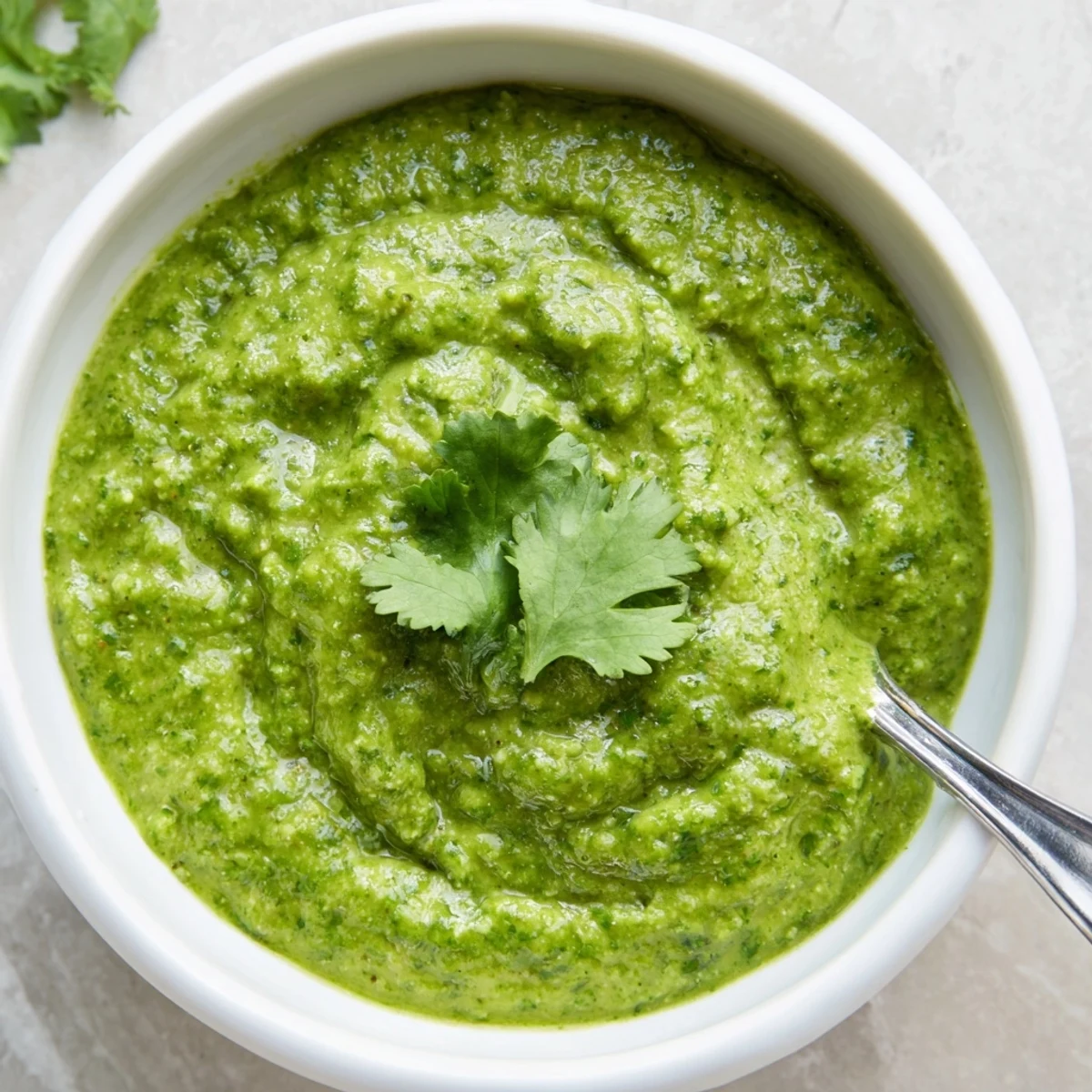 Vibrant homemade Peruvian green sauce aji verde served with roasted vegetables and fresh cilantro garnish
