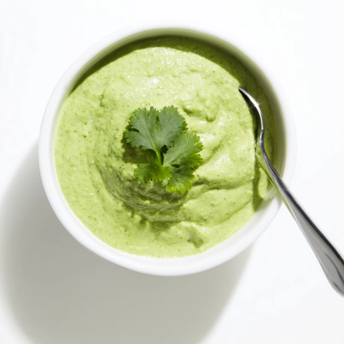 Spicy Peruvian green sauce aji verde dipping sauce in small glass bowl with tortilla chips