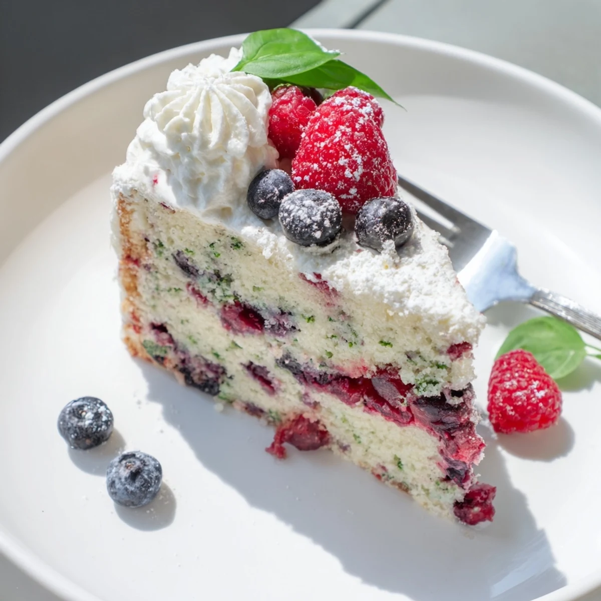 Rustic basil berry cake served on white plate with fresh berry and basil topping