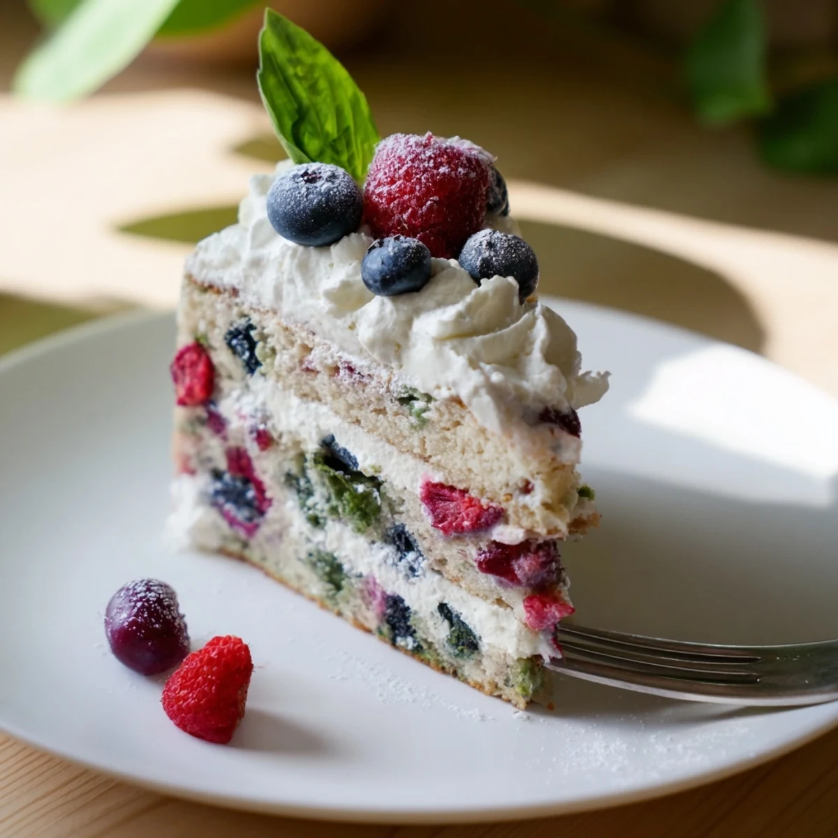 Golden basil berry cake topped with fresh mixed berries and whipped cream garnish