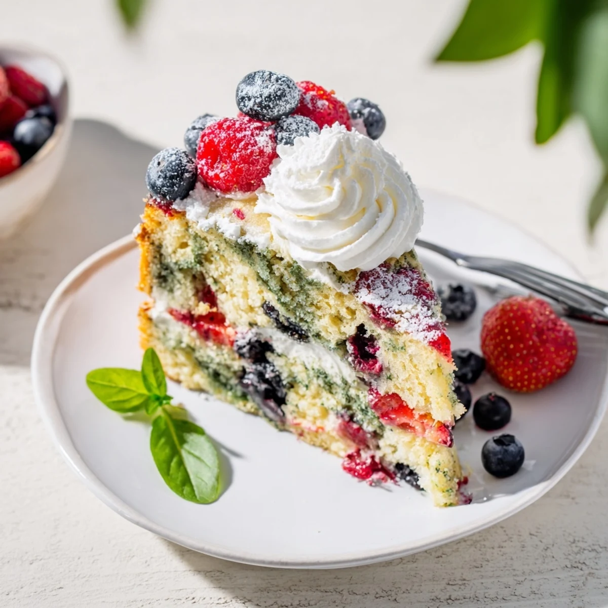 Moist slice of basil berry cake revealing colorful berries and green herb speckles