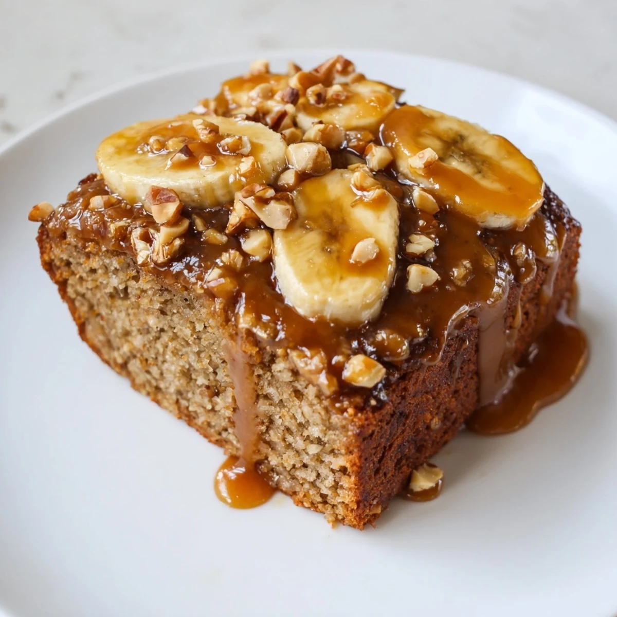 Golden salted caramel drizzles generously over a moist slice of salted caramel brown butter banana cake