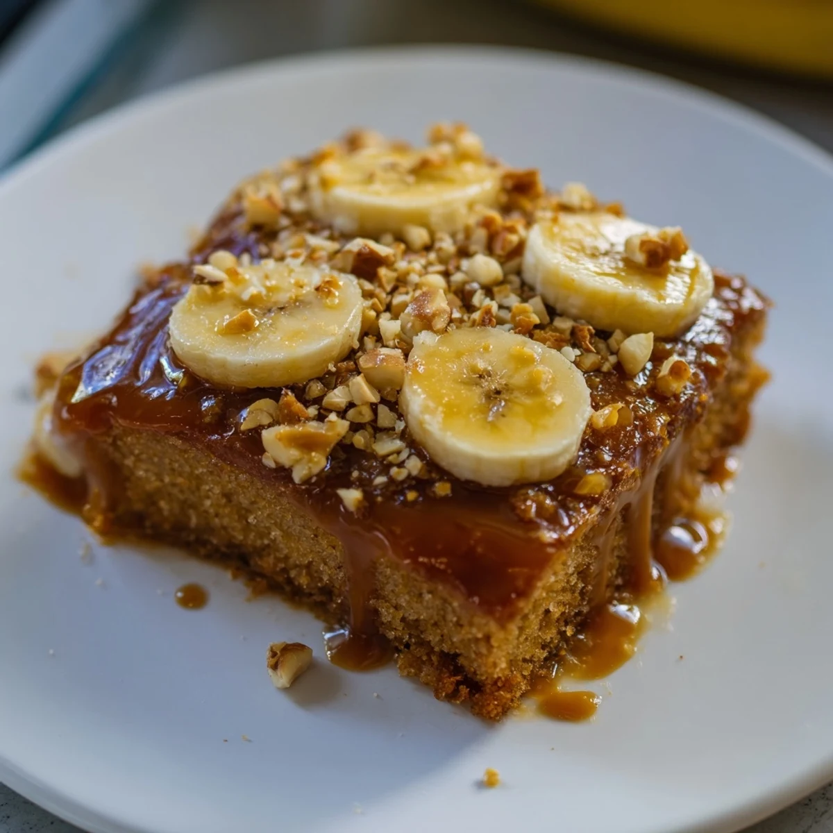 Rustic slice of salted caramel brown butter banana cake topped with glossy amber sauce and banana garnish