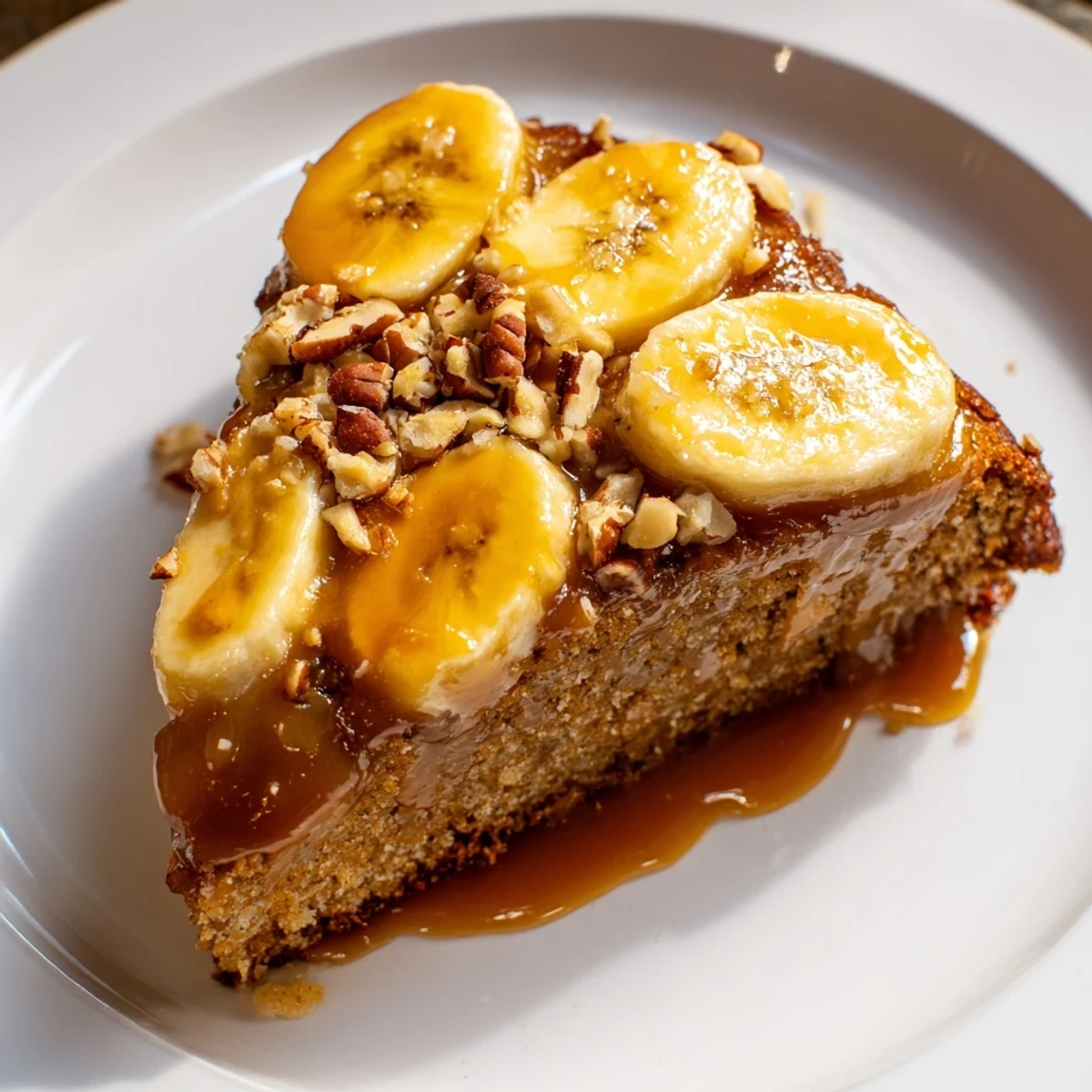 Velvety salted caramel brown butter banana cake served on a white plate with rich caramel pooling alongside
