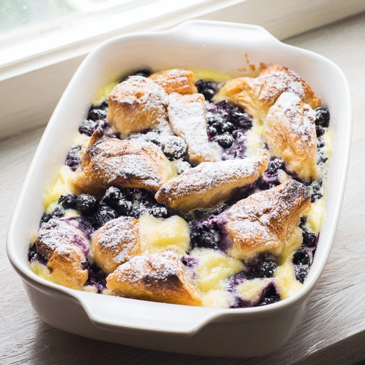 Golden baked blueberry cream cheese croissant casserole dusted with powdered sugar on a white plate