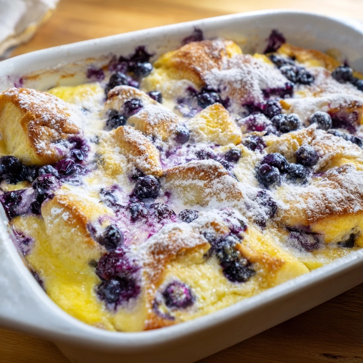 Warm blueberry cream cheese croissant casserole with powdered sugar topping ready for brunch serving