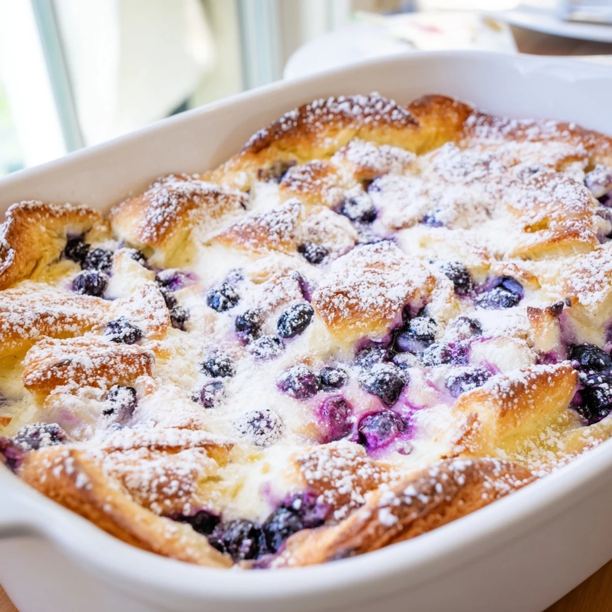 Buttery croissant pieces layered with fresh blueberries and creamy custard filling in a golden breakfast casserole
