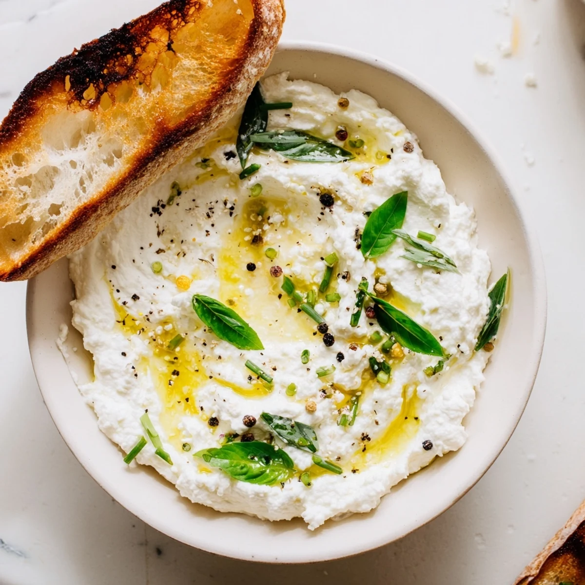 Creamy whipped ricotta spread topped with honey and fresh herbs served beside toasted crostini