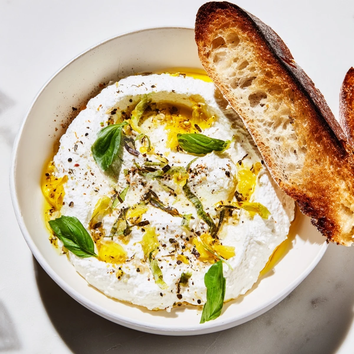 Light and fluffy whipped ricotta dolloped on crusty bread with cracked pepper and olive oil drizzle