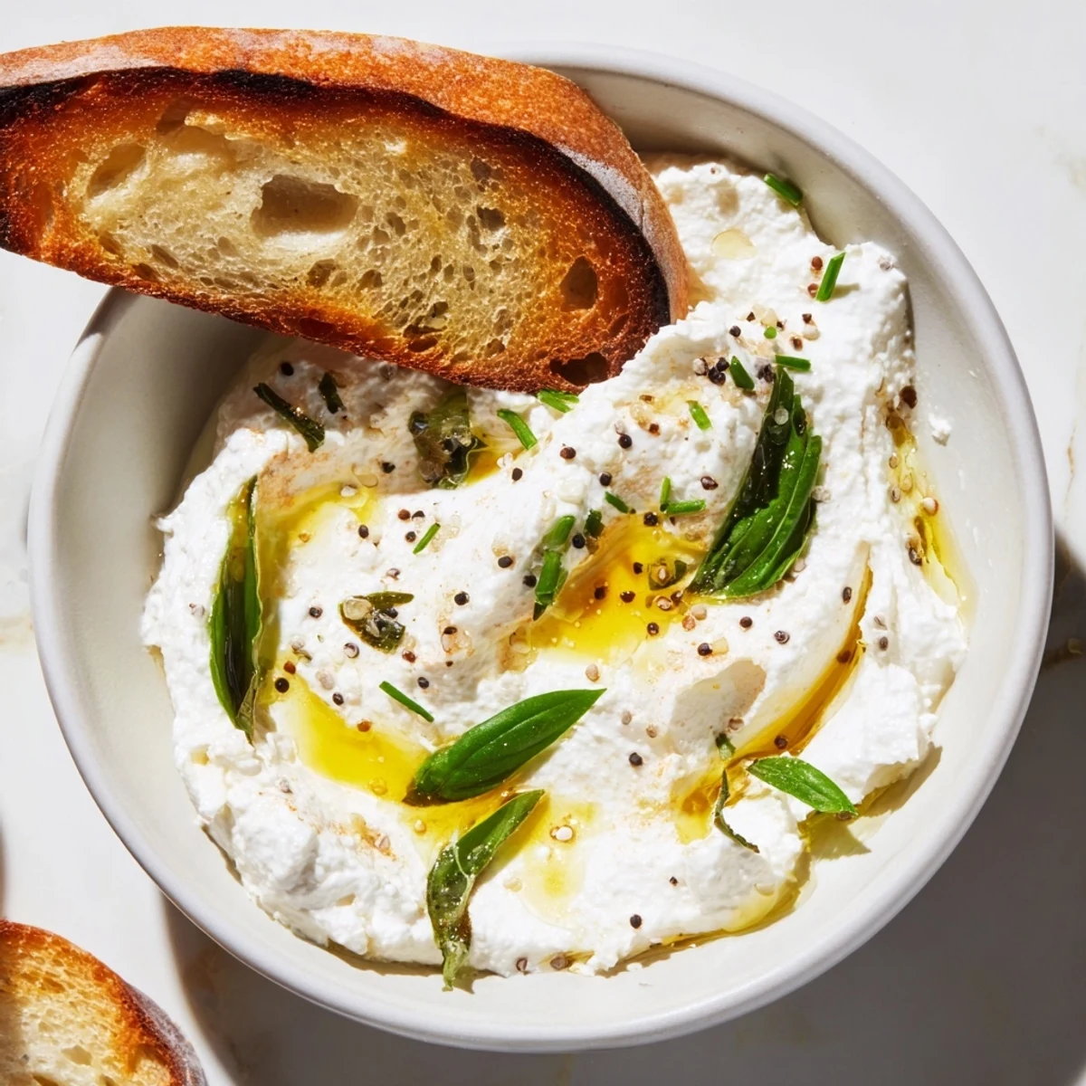 Velvety smooth whipped ricotta appetizer garnished with lemon zest and flaky sea salt on rustic board