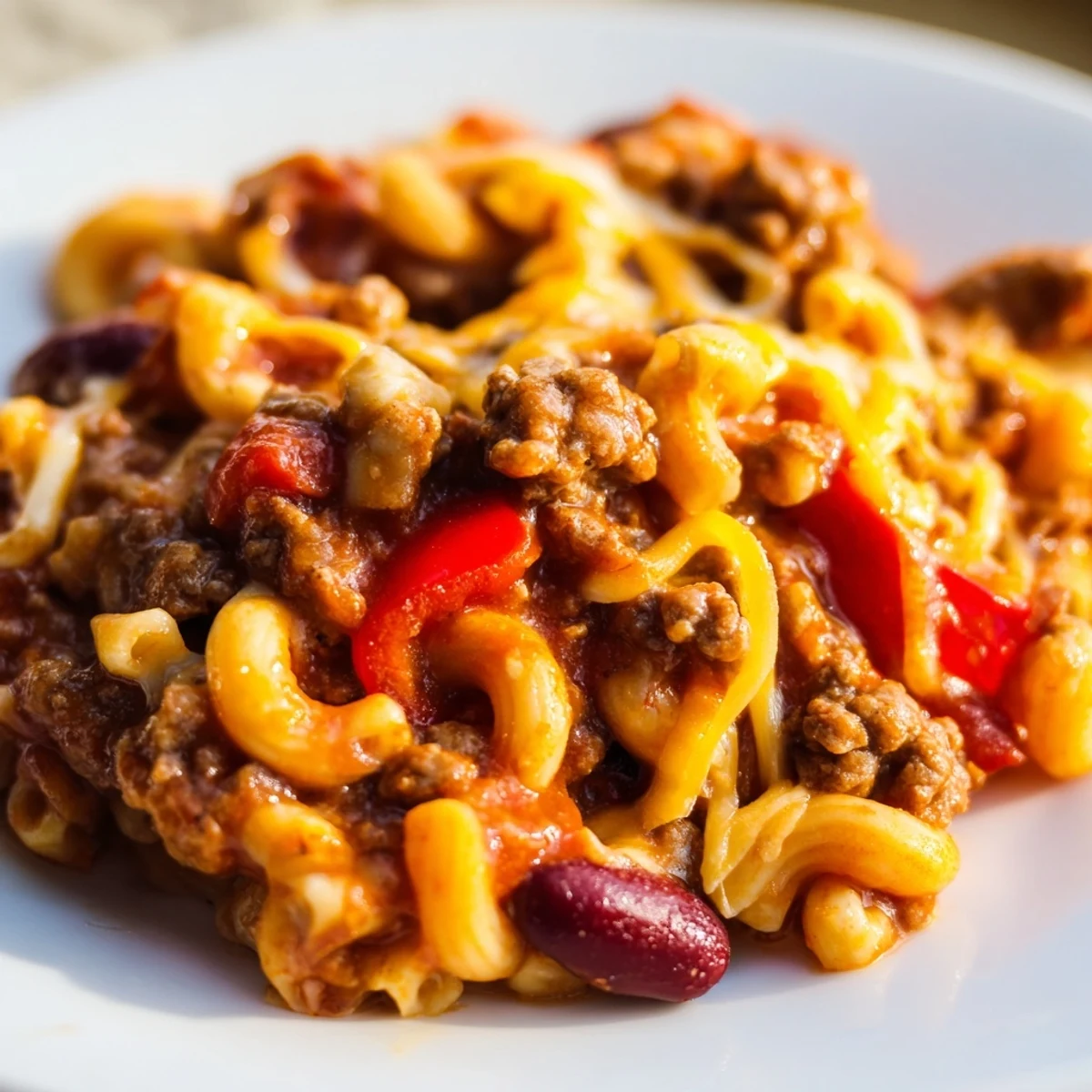 Creamy chili mac and cheese with melted cheese topping served in a rustic bowl