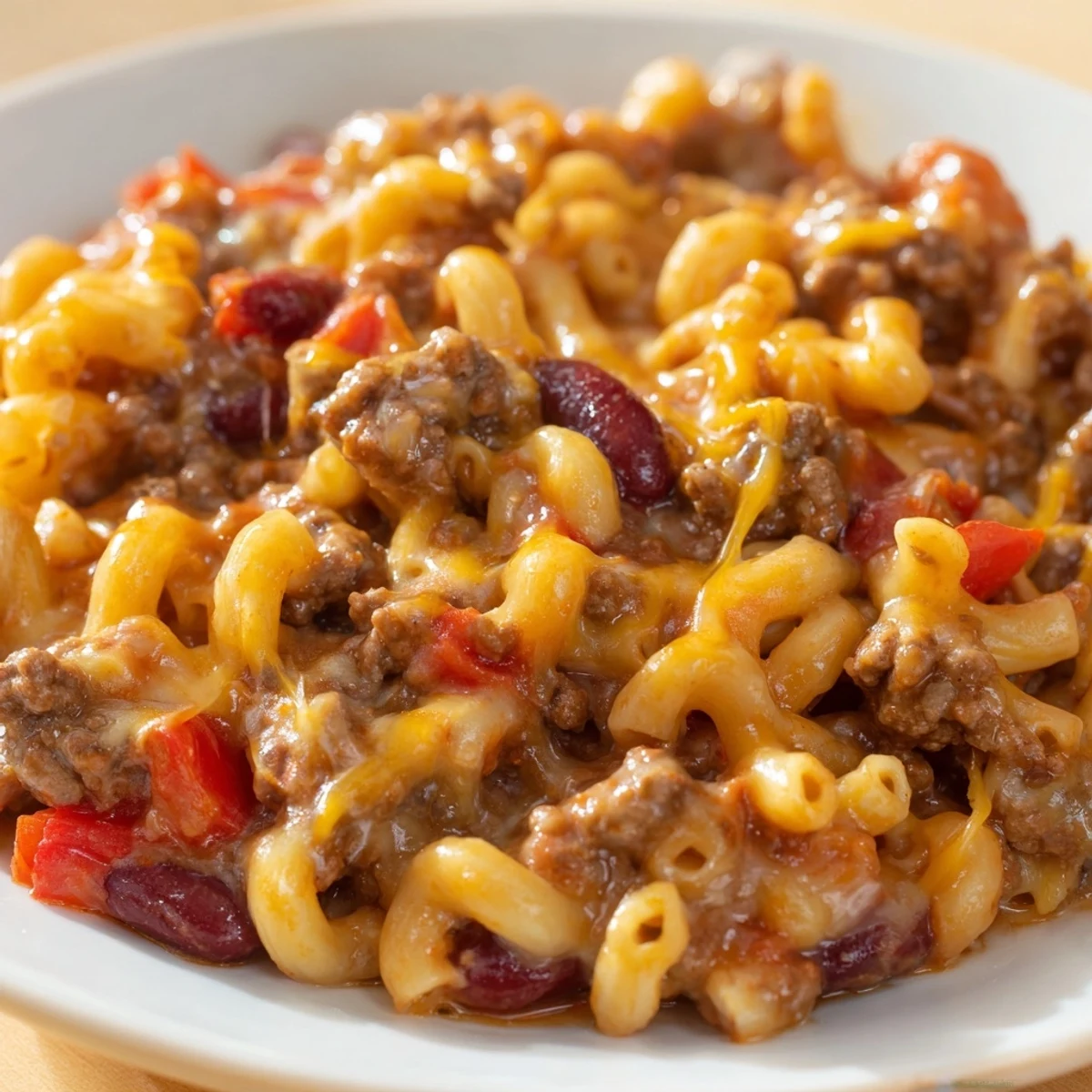 Hearty chili mac and cheese with beef, beans, and pasta topped with golden melted cheese