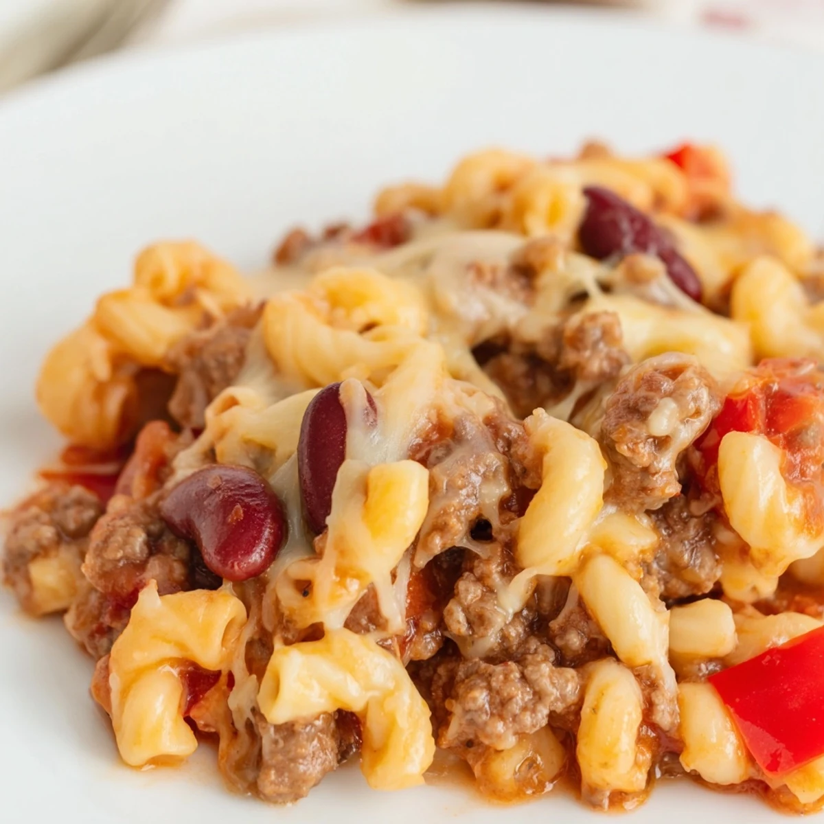 Baked chili mac and cheese casserole featuring ground beef, kidney beans, and bubbling cheese
