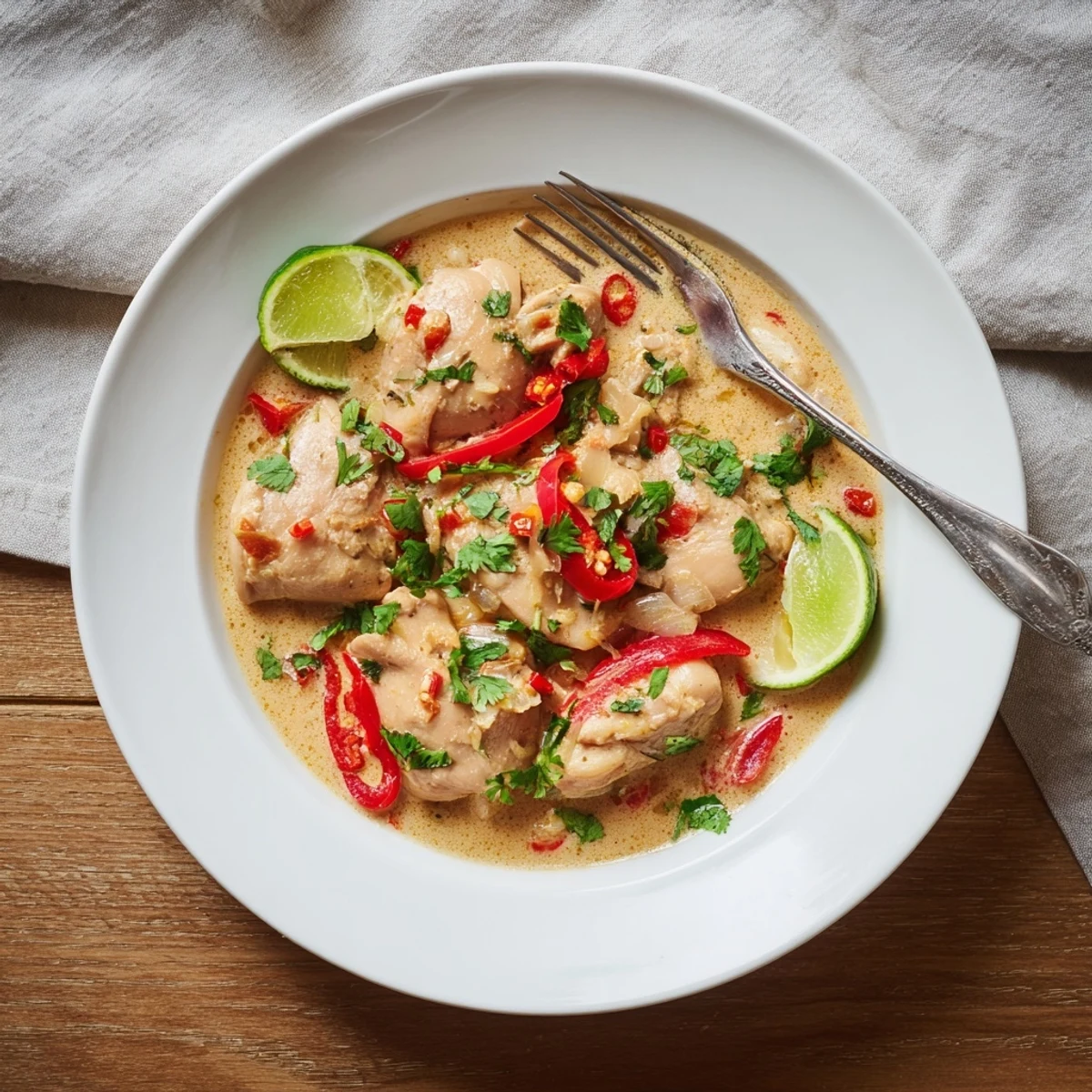 Creamy spicy Brazilian coconut chicken served over white rice with lime wedges and chopped cilantro on a ceramic plate