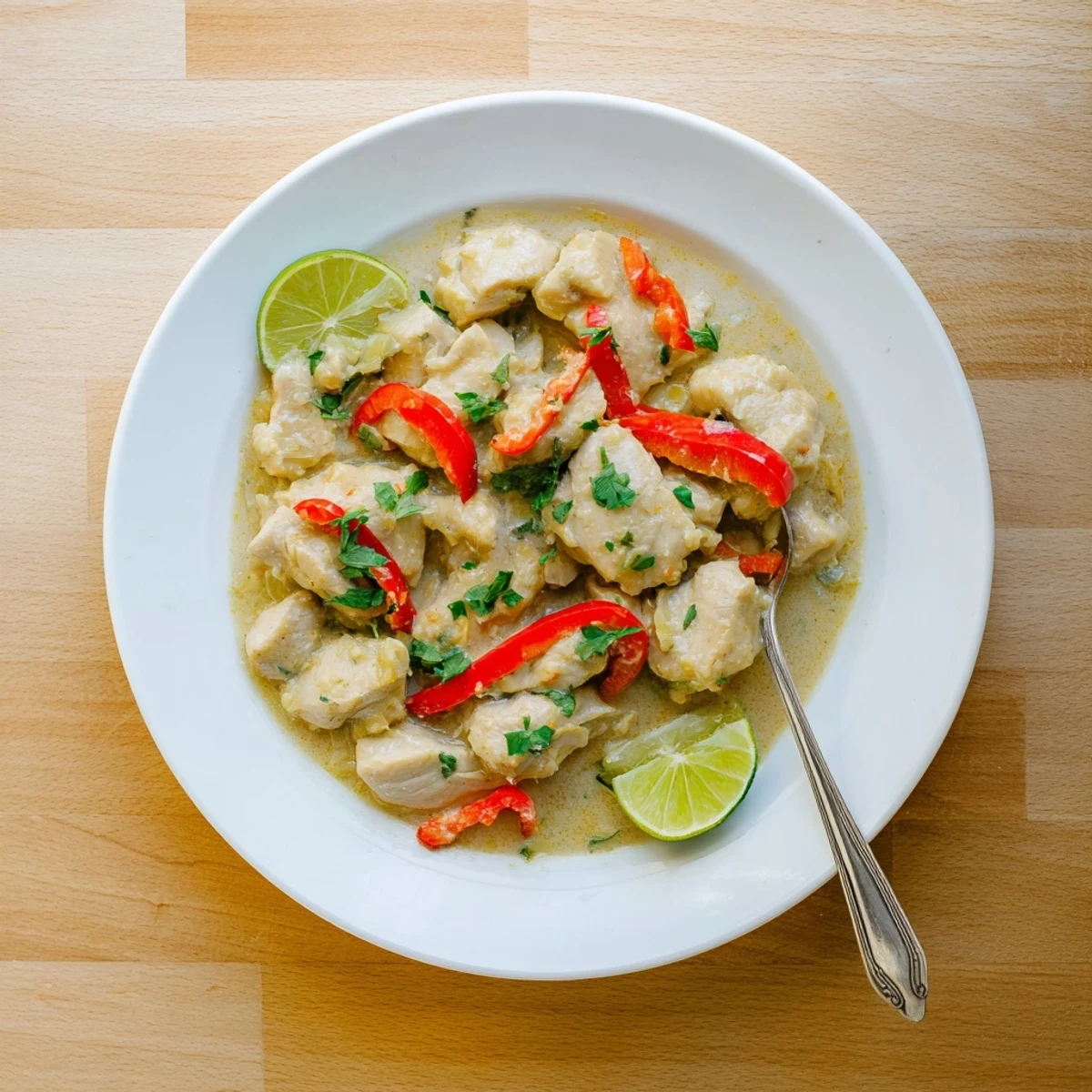Golden chicken pieces simmer in rich coconut milk sauce with vibrant red peppers and fresh green cilantro garnish