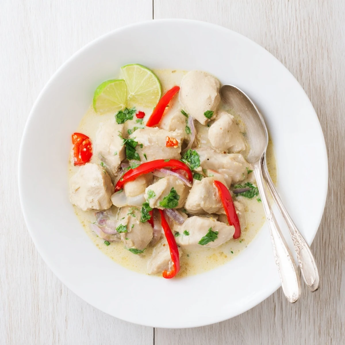 Tender chicken thighs coated in thick orange coconut curry sauce with diced vegetables and herb sprinkles in a rustic bowl