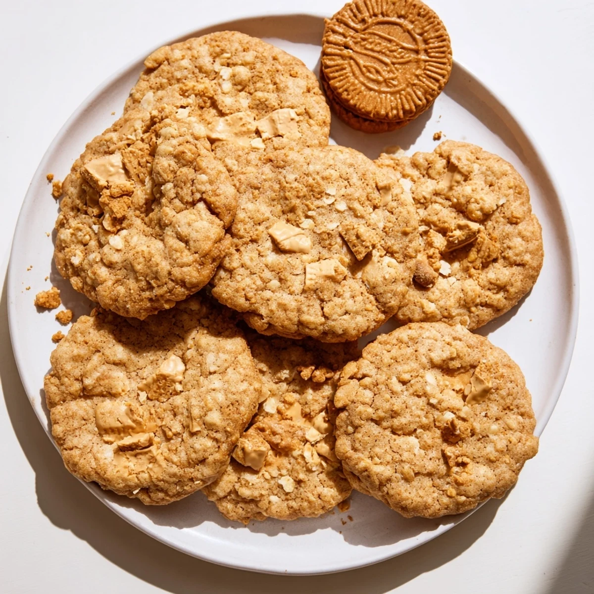 Golden brown Biscoff oatmeal Lotus cookies topped with crunchy caramel biscuit pieces on a white plate