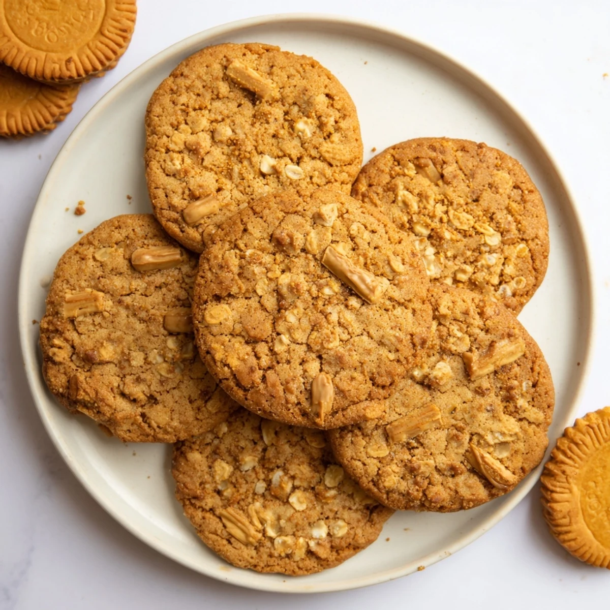 Stack of warm spiced Biscoff oatmeal Lotus cookies sprinkled with chopped Lotus biscuits on a wooden board