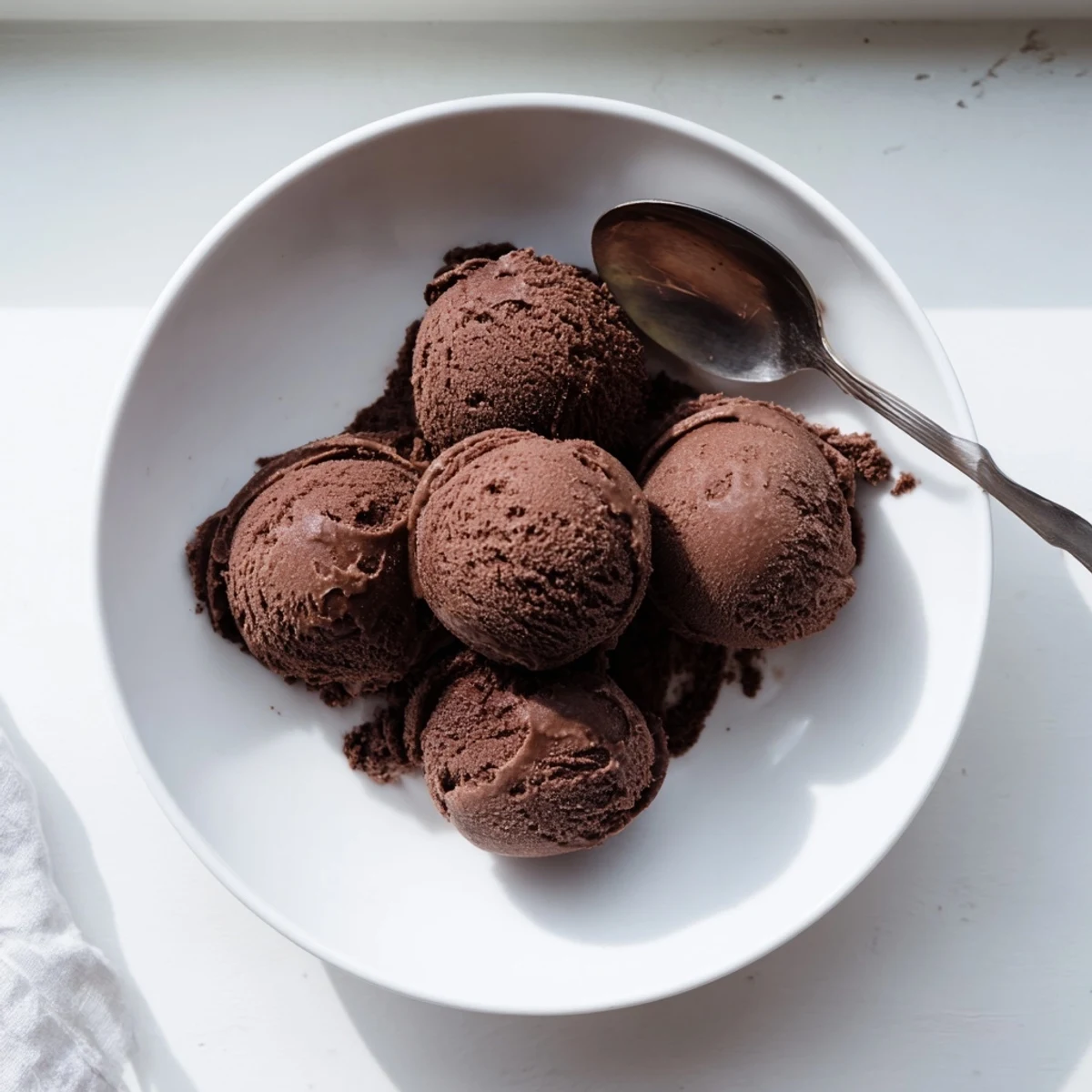 Smooth chocolate sourdough ice cream swirled in a vintage glass bowl with dark cocoa undertones