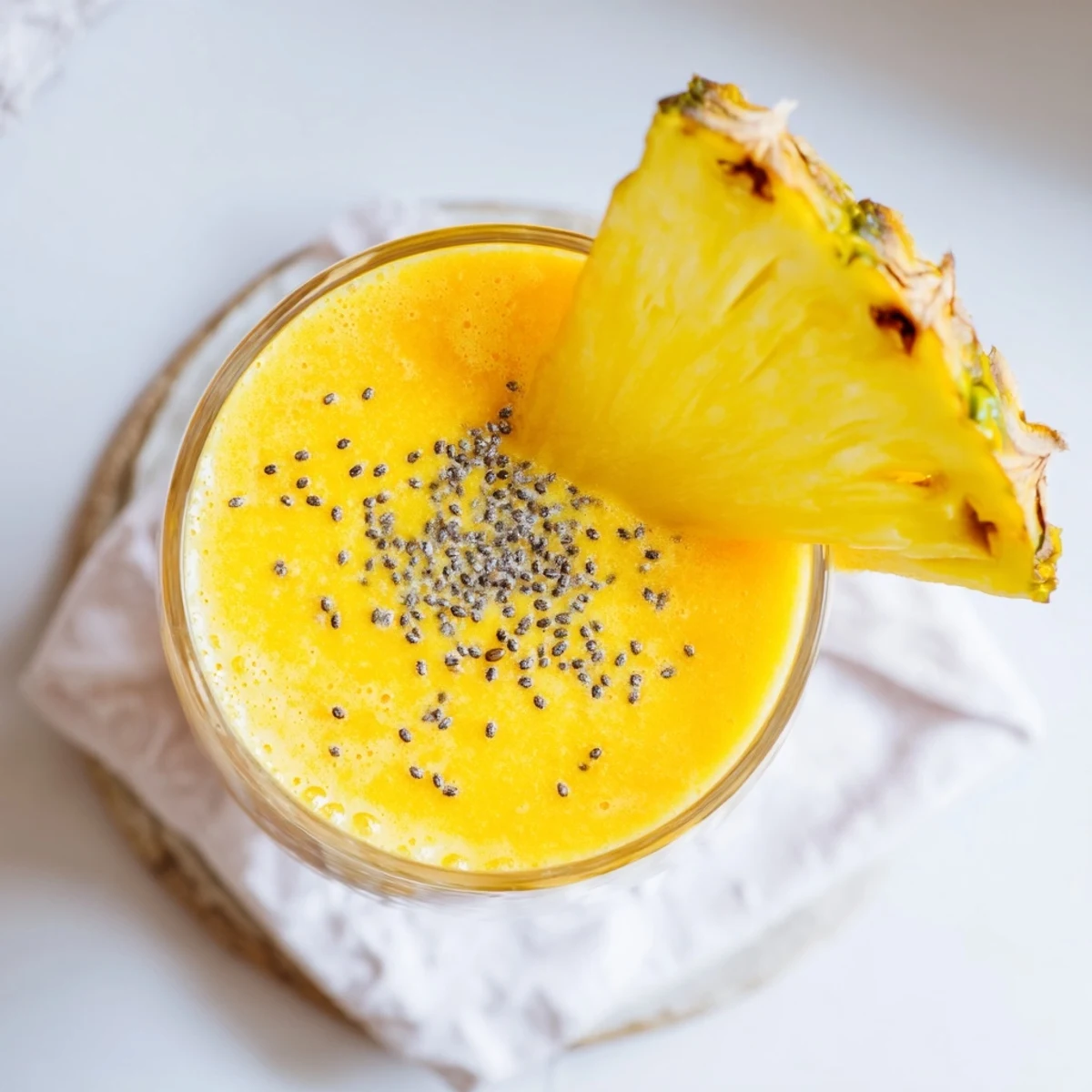Thick creamy tropical pineapple mango smoothie recipe served in tall glasses with fresh fruit garnish