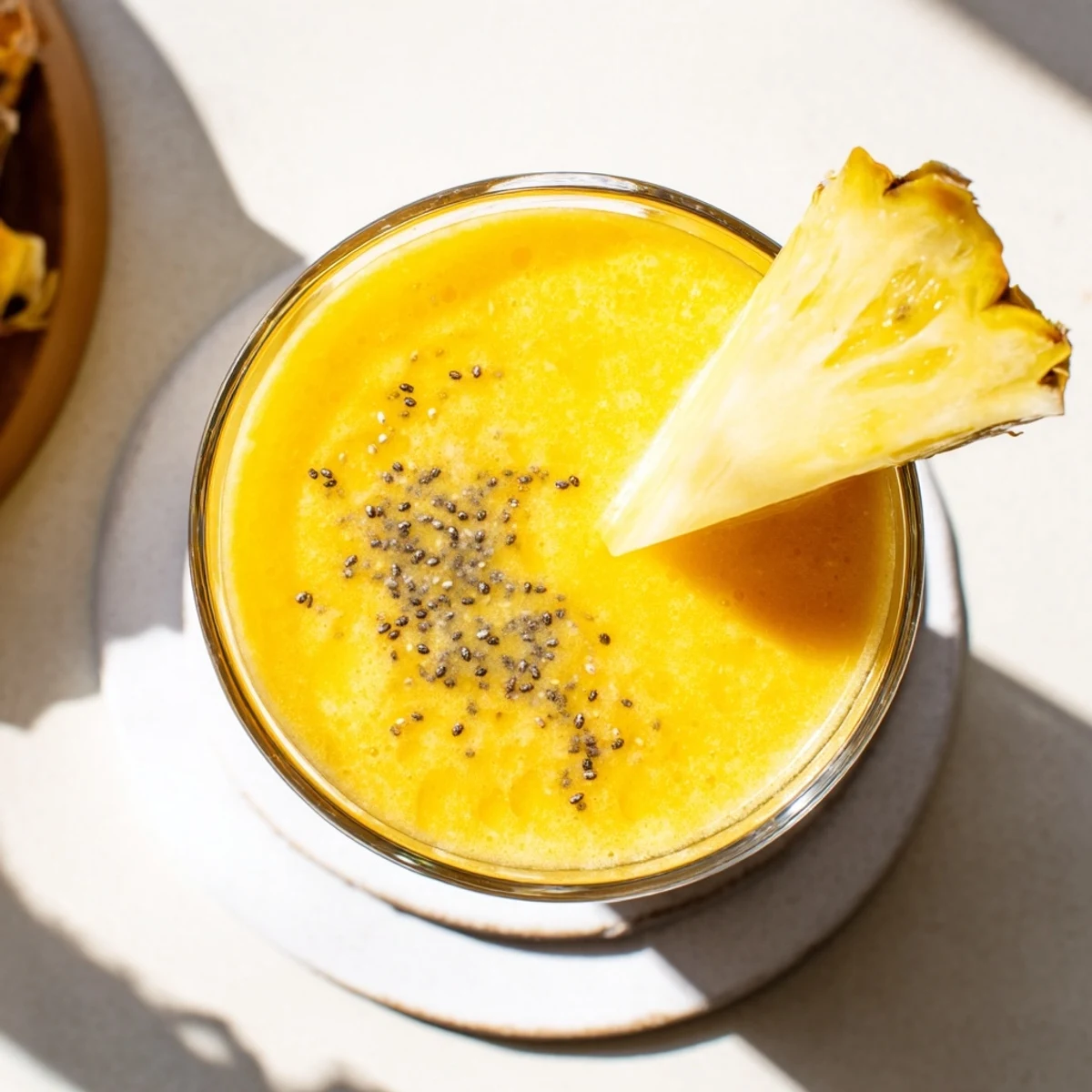 Golden tropical pineapple mango smoothie recipe topped with mango slices and drizzled with sweet honey