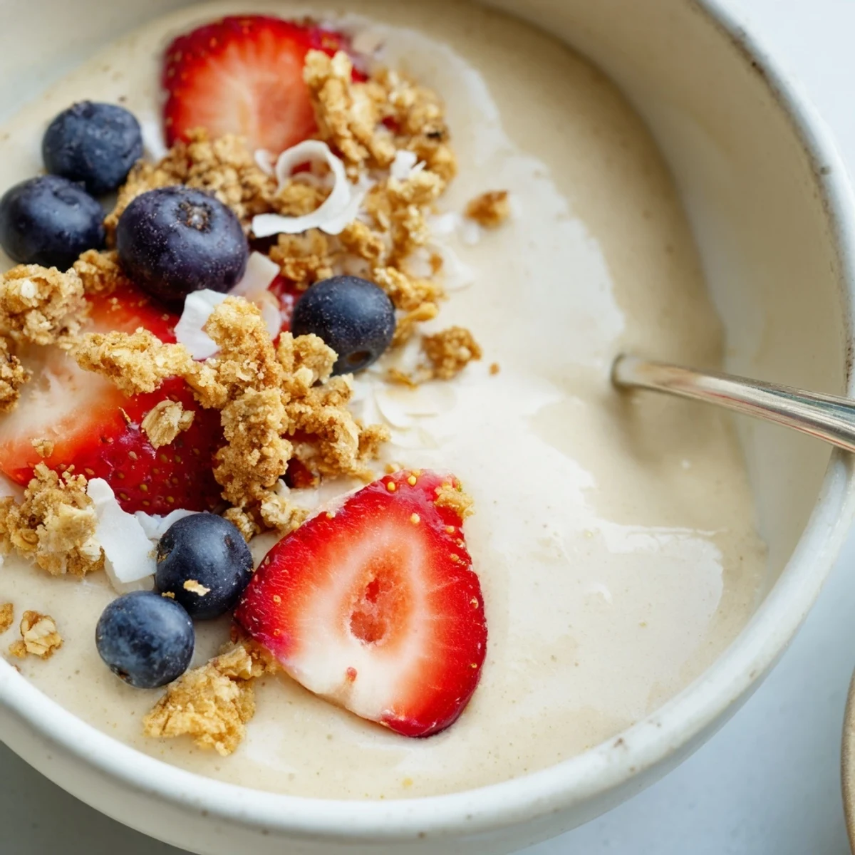 Creamy banana nice cream scooped into a bowl topped with fresh berries and chopped nuts