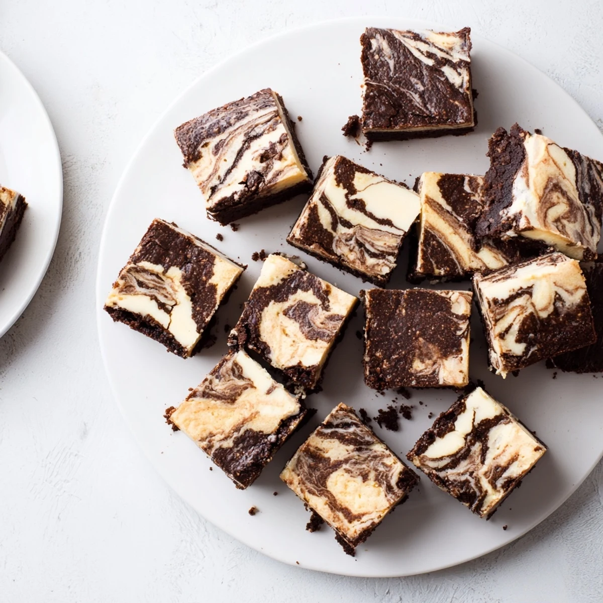 Fudgy sourdough cheesecake brownie bars with creamy marble swirls on a white plate