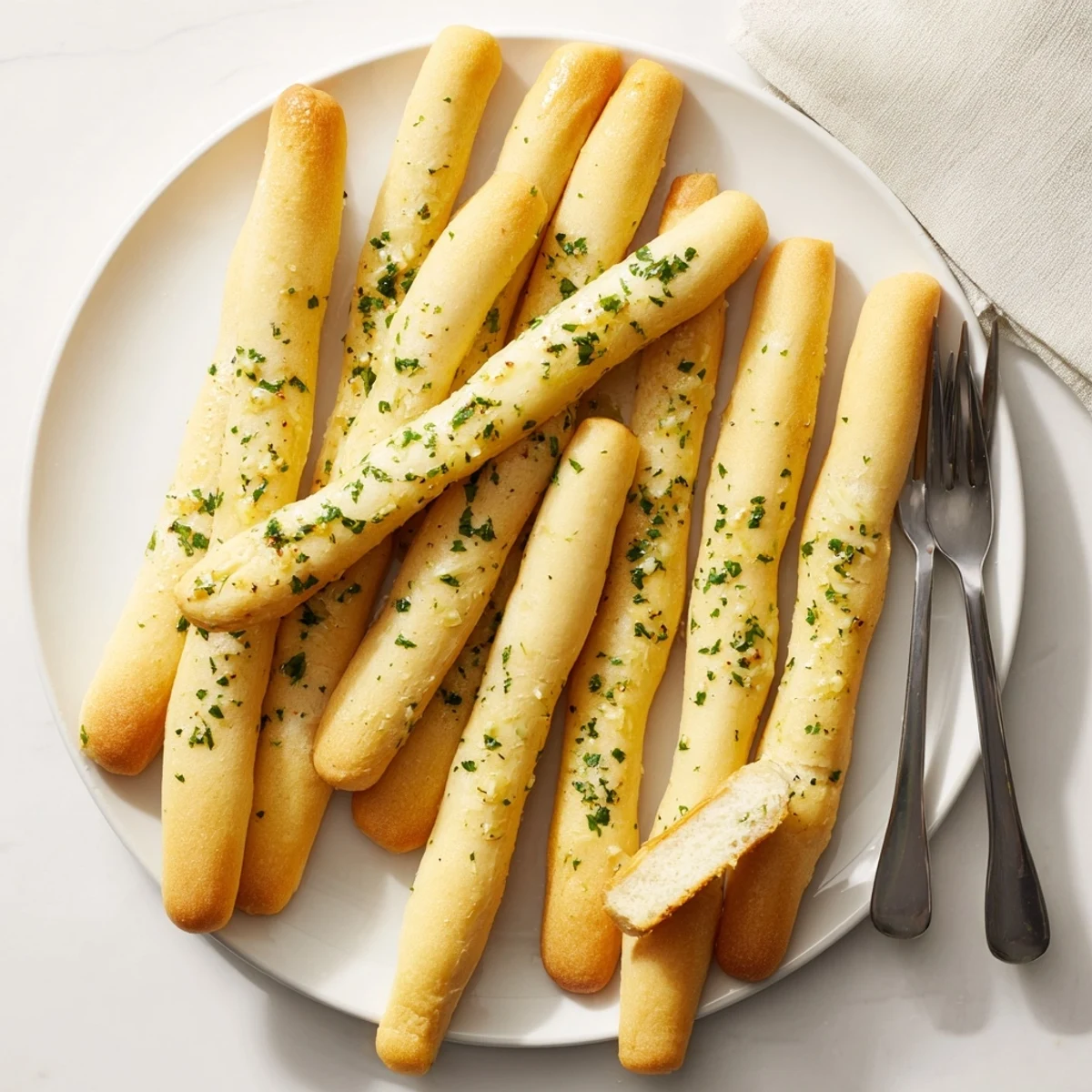 Golden homemade garlic breadsticks fresh from the oven with glossy buttery herb coating