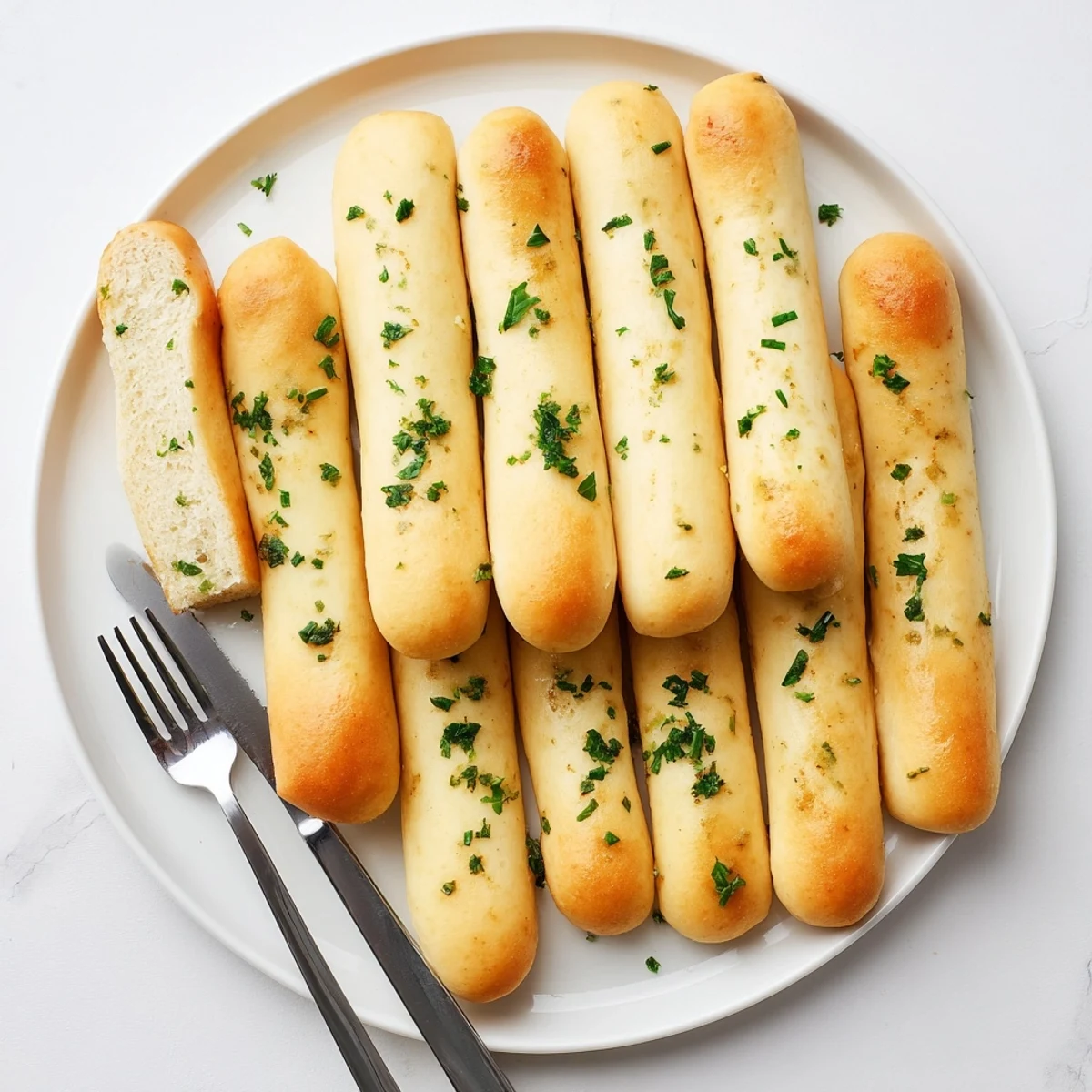 Soft Italian-American garlic breadsticks arranged on baking sheet ready for dipping in marinara