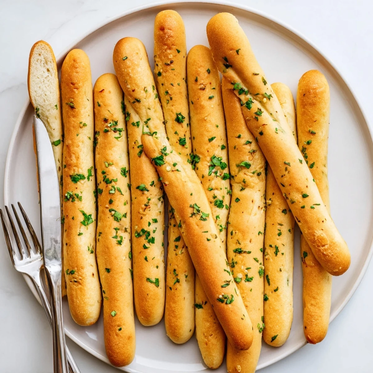 Warm fluffy garlic breadsticks brushed with melted butter and parsley for appetizer serving