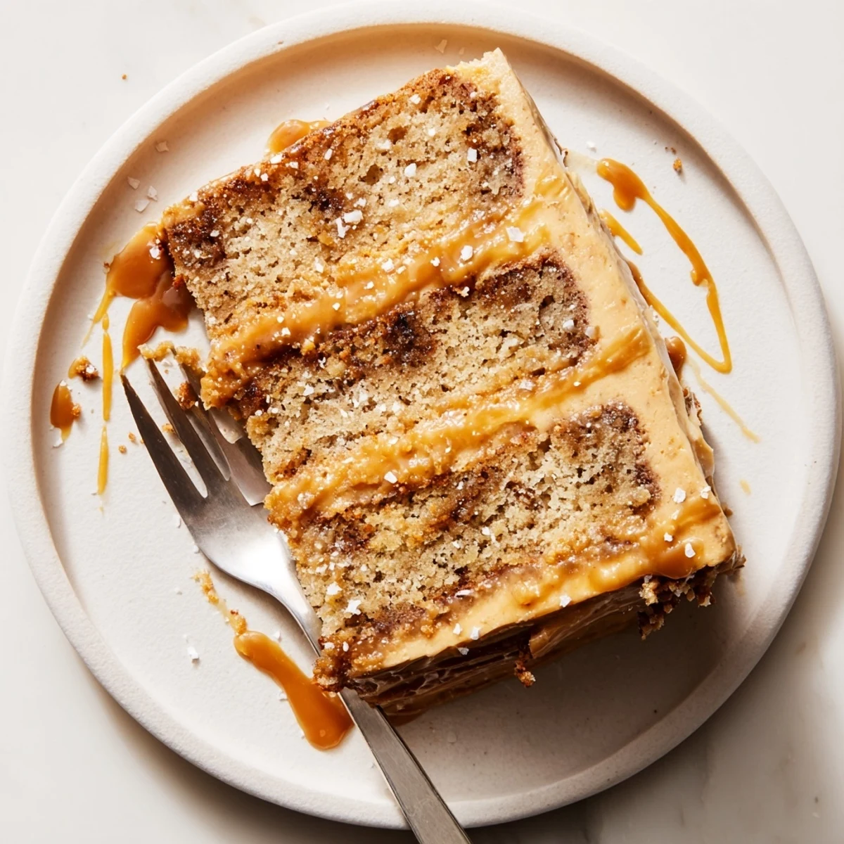 Decadent two-layer banana cake oozing with rich salted caramel and finished with smooth buttery caramel frosting