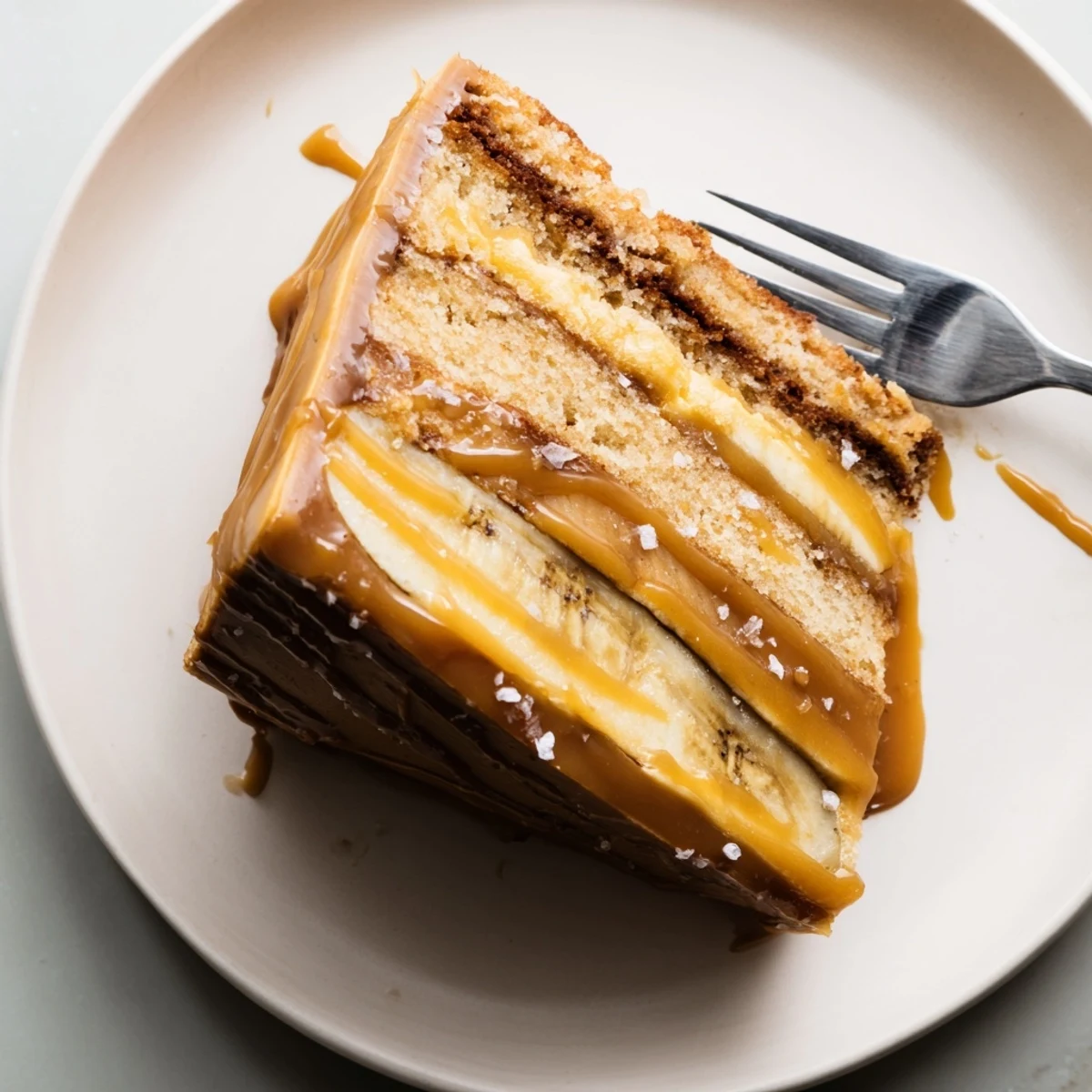 Slice of moist brown butter banana cake showcasing caramel layers and whipped salted caramel topping