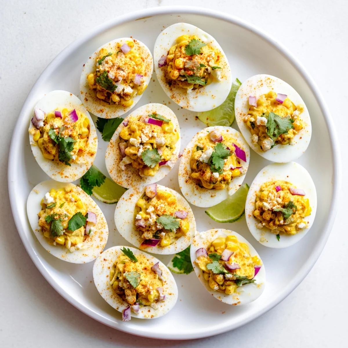 Golden Mexican Street Corn Deviled Eggs topped with crumbly cotija cheese and fresh cilantro.