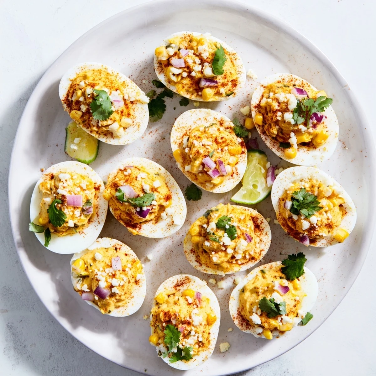 Platter of Mexican Street Corn Deviled Eggs featuring sweet corn and savory spices.
