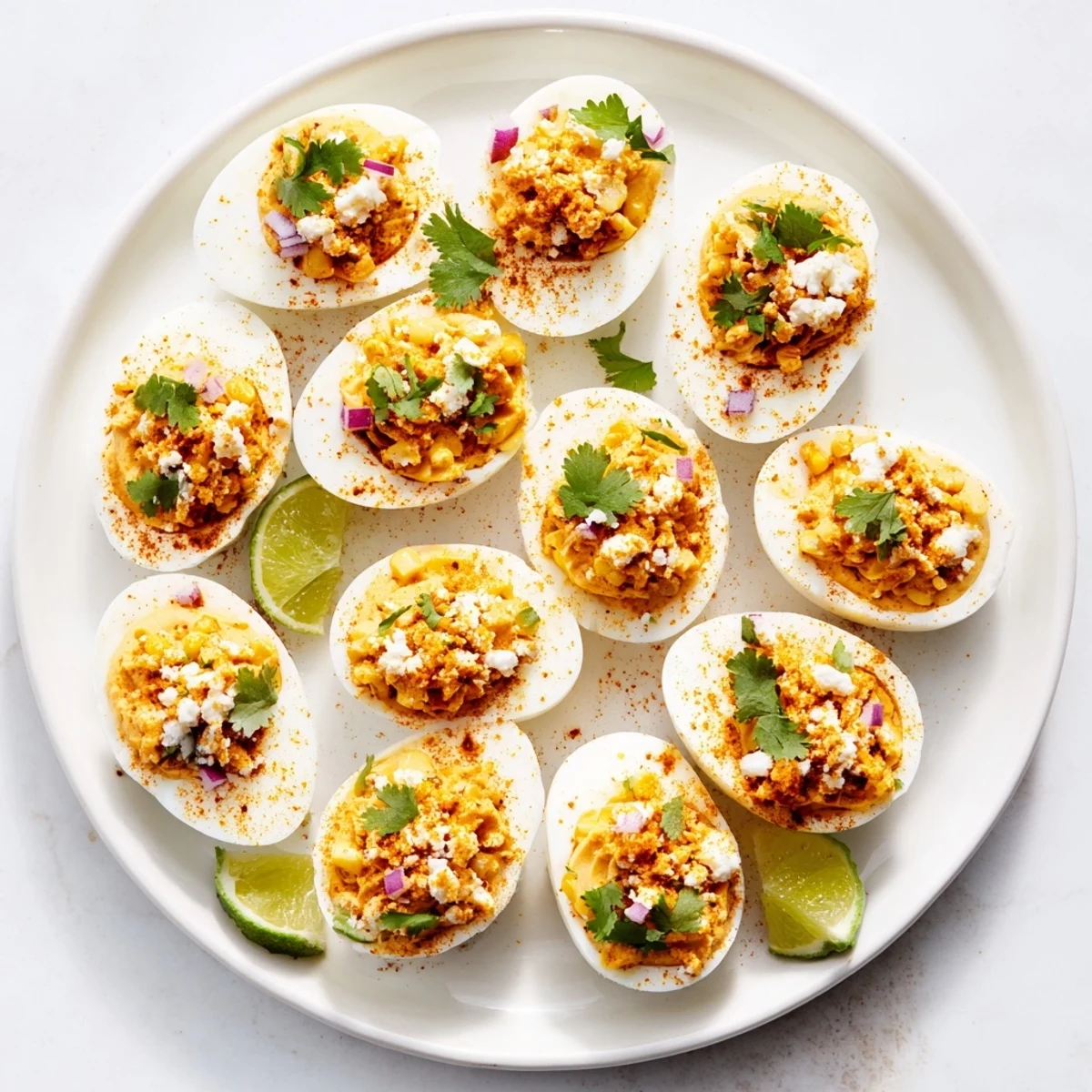 Creamy Mexican Street Corn Deviled Eggs garnished with chili powder and zesty lime wedges.